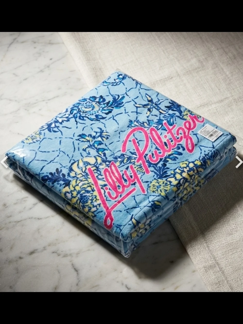 Lilly Pulitzer Blue Floral Beach Towel with Pink Logo